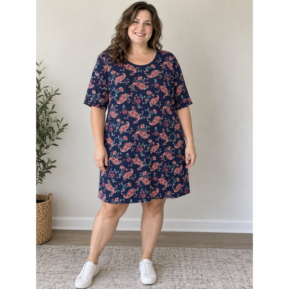 Lands End Navy Blue Paisley Floral Cotton Spandex T-Shirt Dress Plus Size 1X